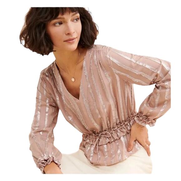 Current Air Tops - Current Air Womens Dressy Boho Metallic Striped Peplum Ruffle Blouse Size Large